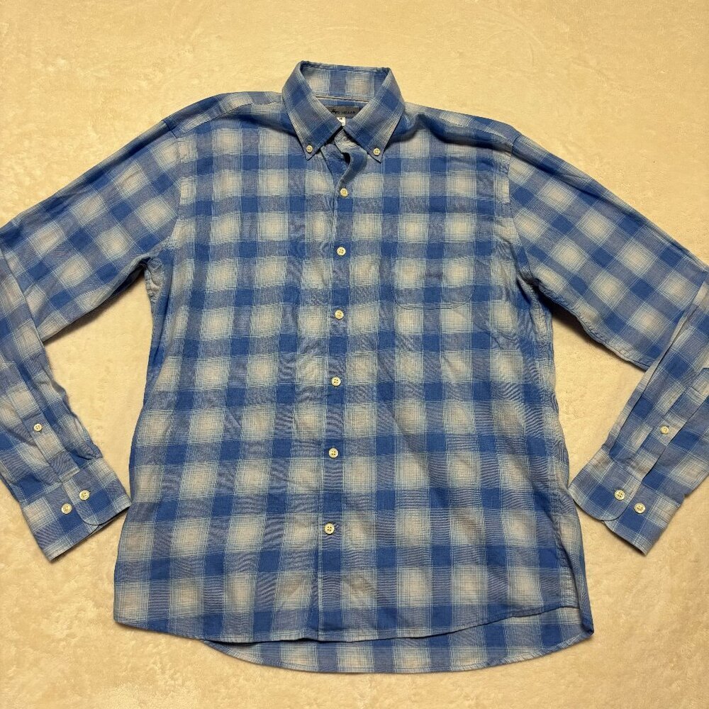 Peter Millar Mens Plaid Button-up Shirt M Long Sleeve Blue Cotton Preppy Office